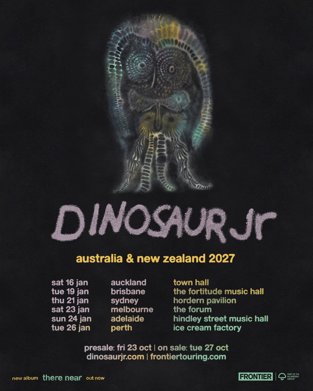 Dinosaur Jr. 2027 Australia and New Zealand tour poster with concert dates and colorful surreal graphic.